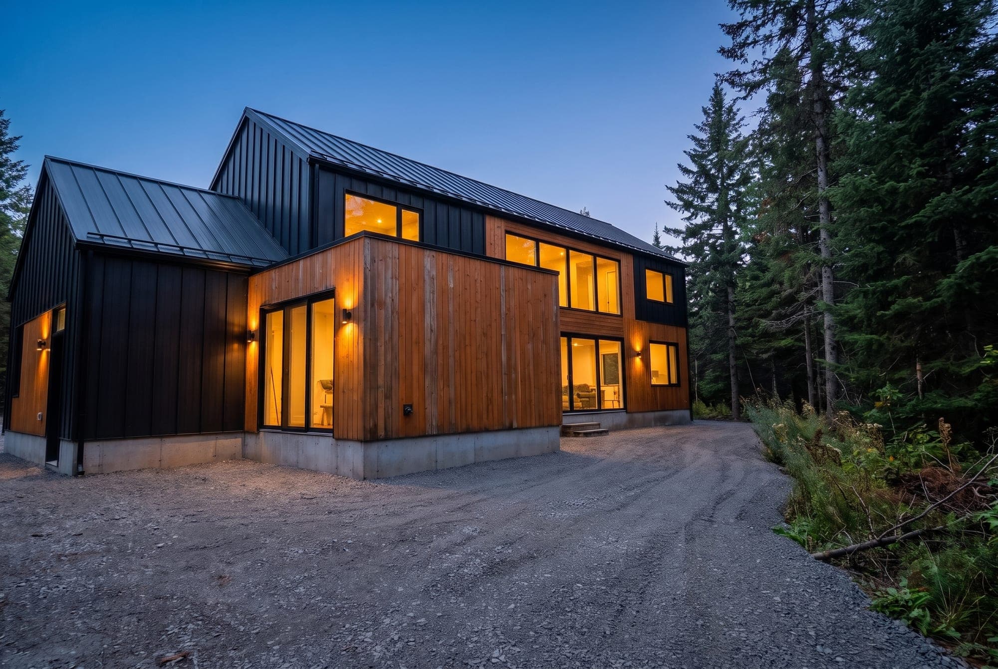 A timber and black steel house at dusk with warm light in every window and a clean gravel drive